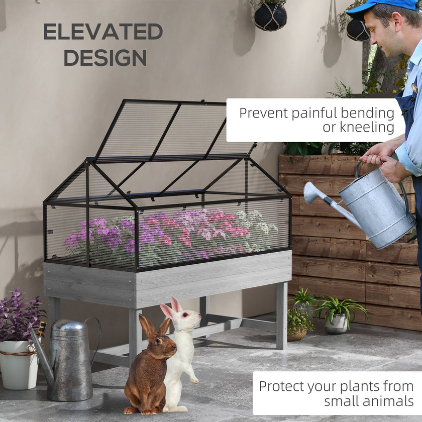 Outsunny Elevated Planter Box with Cold Frame Greenhouse in Distressed Grey - Wood Raised Garden Bed for Vegetables & Flowers