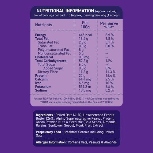 Super flocons d'avoine riches en protéines au chocolat – Flocons d'avoine, beurre de cacahuète naturel, poudre de cacao, noix et graines – 22 % de protéines, source de fibres alimentaires et de graisses saines, sans sucre ni sel ajoutés.