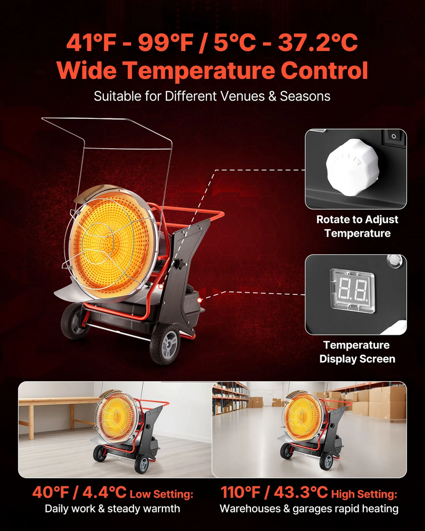 VEVOR 125,000 BTU Radiant Kerosene Diesel Heater, Portable Industrial Space Heater with Adjustable Temp & Wheels, Ideal for Jobsite, Garage, Warehouse, Workshop Construction Heating, Black