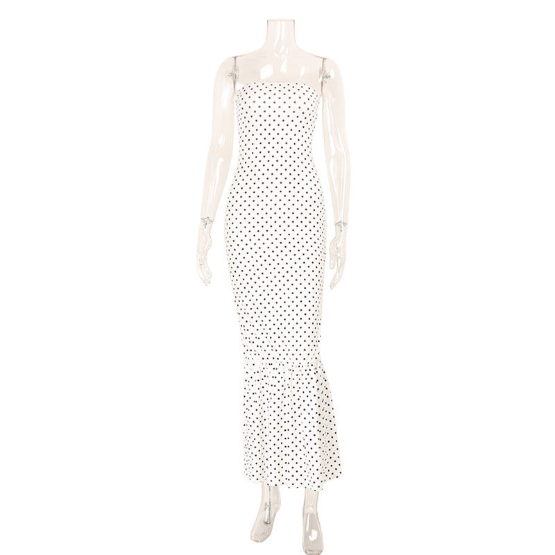 French Style Polka Dot Strapless Maxi Dress – High Waist Bow Tie Floor-Length Dress for Women