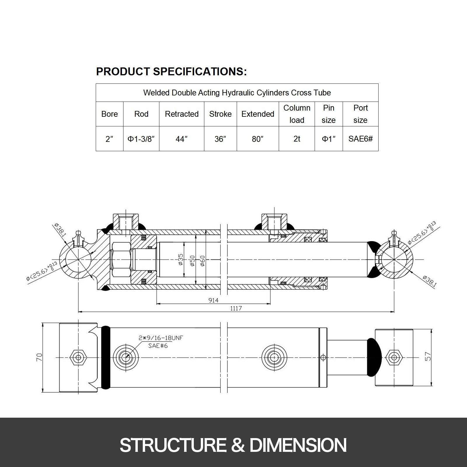 Hydraulic Cylinder 2 Bore 36 Stroke Hydraulic Ram Cylinder 3000psi Hydraulic Cylinders Welded Double Acting Cross Tube SAE6 Port Hydraulic Lifting Cylinder
