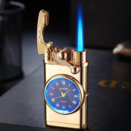New Lighter With Electric Watch Rocker Arm Automatic Ignition Straight Blue Flame Lighter Creative Real Dial Inflatable Windproof Cigar Lighter Men's Watch Gift
