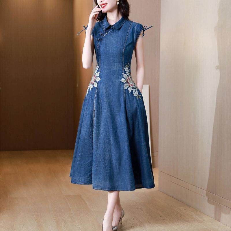 New Modified Version Denim Jeans Flared Midi Dress Female Machine Embroidery Retro