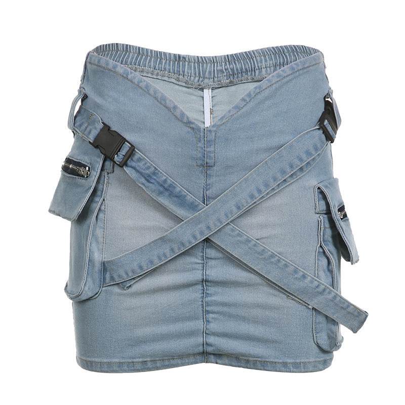 Cross School Bag Buckle V-shaped Waist Workwear Denim Mini  Cargo Skirt