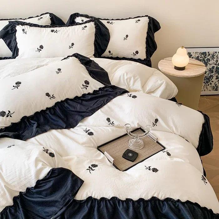Embroidered Wide Edge Floral Washed Cotton Four-piece Duvet Cover Bedding Set
