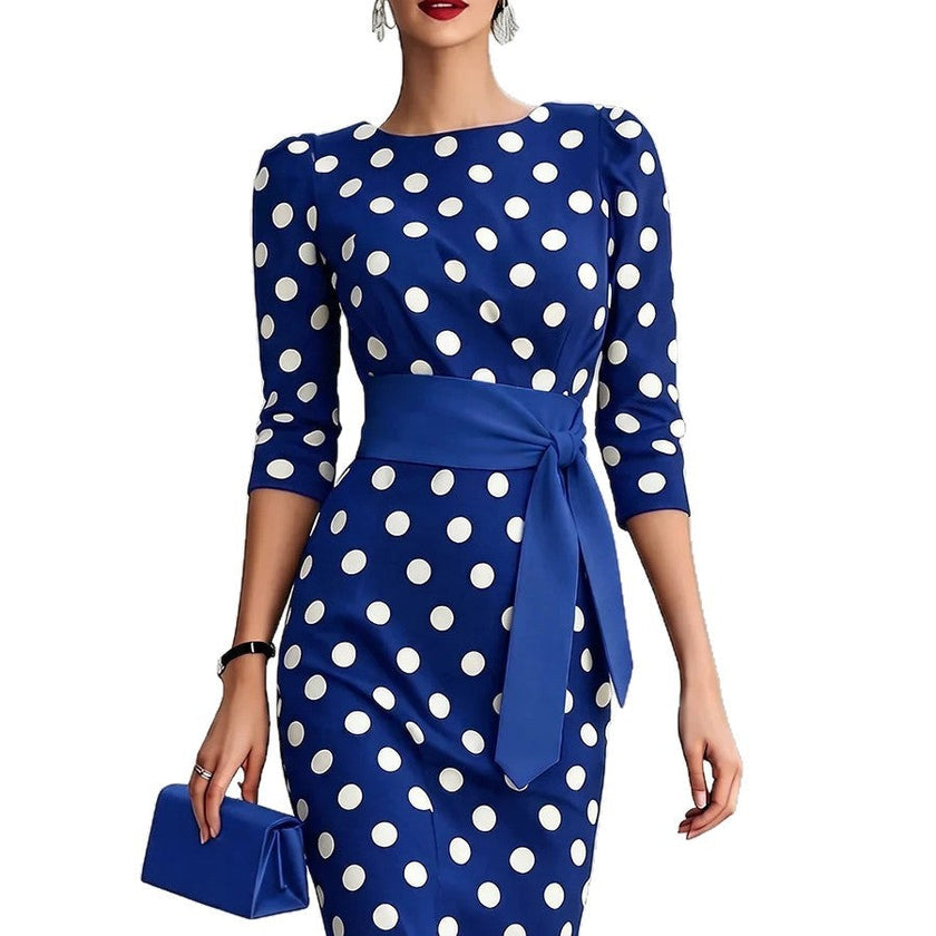 Retro Polka-Dot Belted Bodycon Dress – Elegant Knit Midi Dress for Women Canada