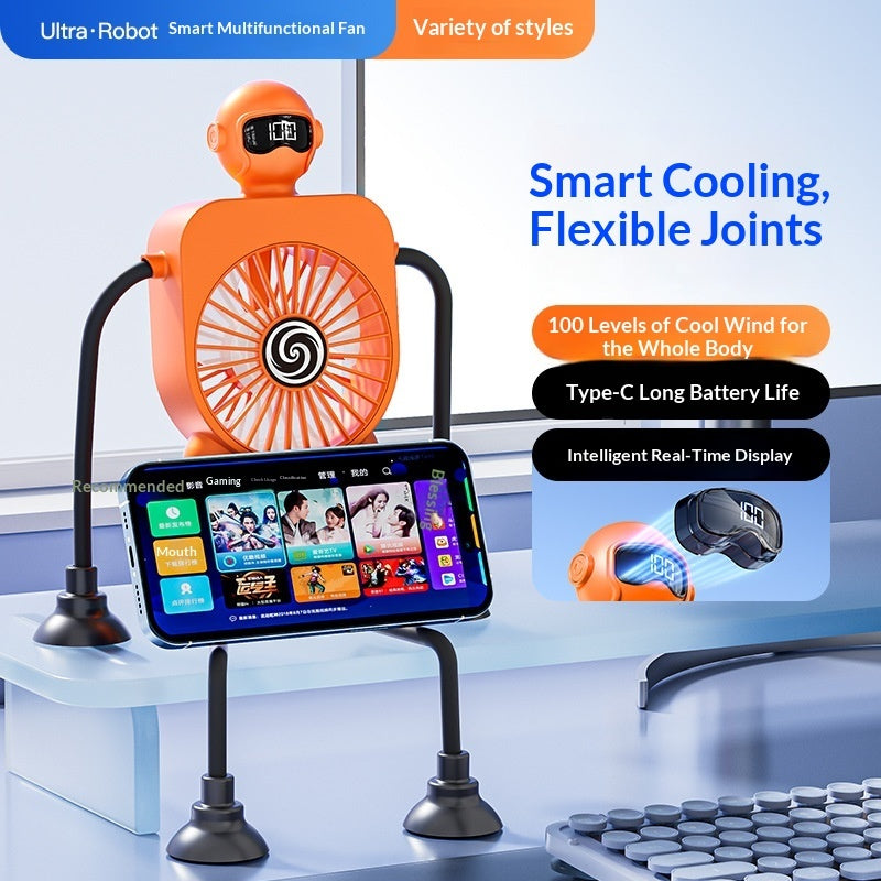 Robot USB Rechargeable Desk Fan with Suction Cup & Digital Display – 100-Speed Portable Cooling Fan