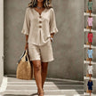 Women's Two-Piece Shorts Suit – V-Neck Ruffle Top & Short Pant Set