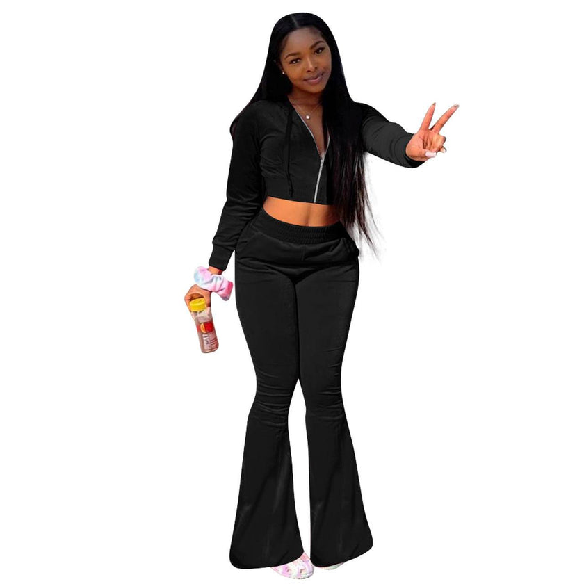 Women 2pcs Velvet Hoodie Wide leg Pant Crop top sweatsuit Athleisure Outfit