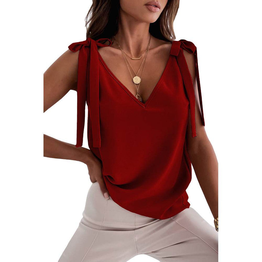 Bowknot Tie Up V-neck top Women Summer Sleeveless Blouse Tops