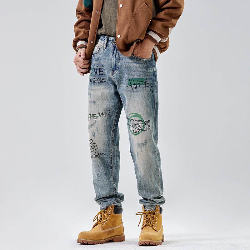 American Print Denim Casual jeans pant Loose Straight Dad Trousers For Men