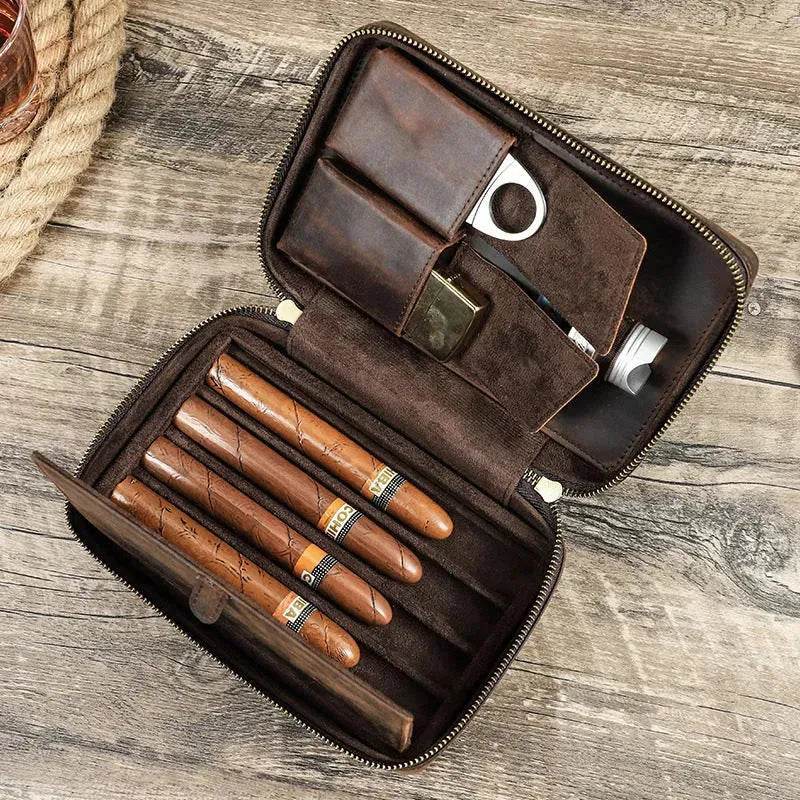 Portable Horse Leather Double Zipper Storage Cigar Travel Humidor Bag