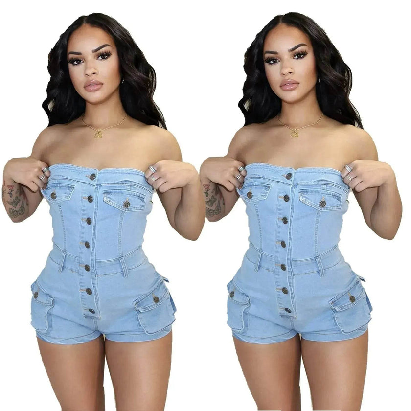 Women Denim Tube Romper Jumpsuit Strapless Bodycon Denim Short Jumpsuit