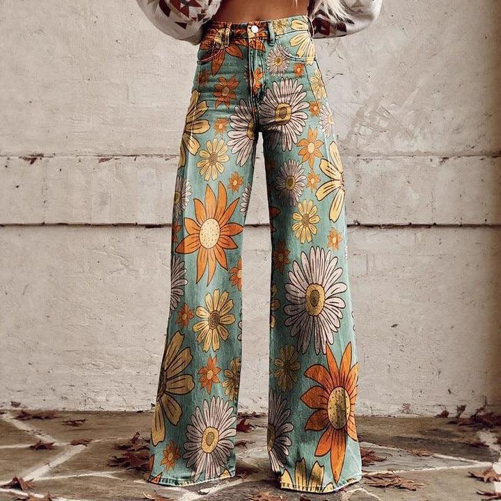 Graphic Printed Pants for Women – Stretch Denim Look Casual Trousers