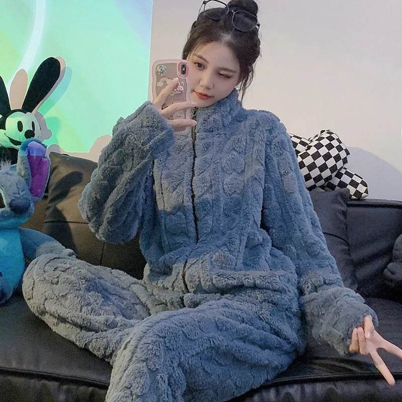 Woolen Pajama – Soft Flannel Stand Collar Cardigan Set for Home & Sleep