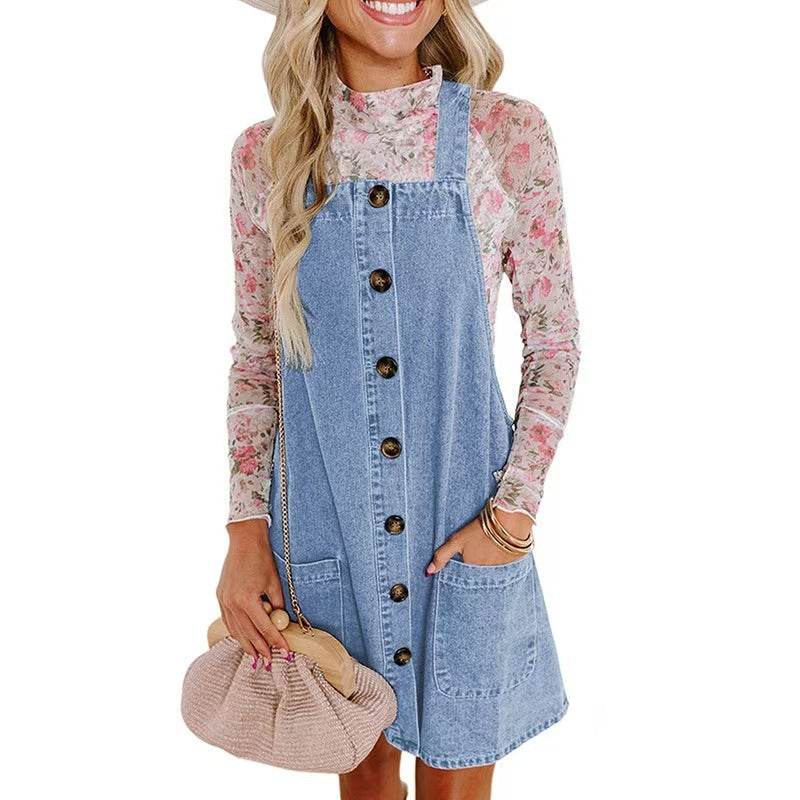 Loose Denim Dungaree Mini Dress for Women