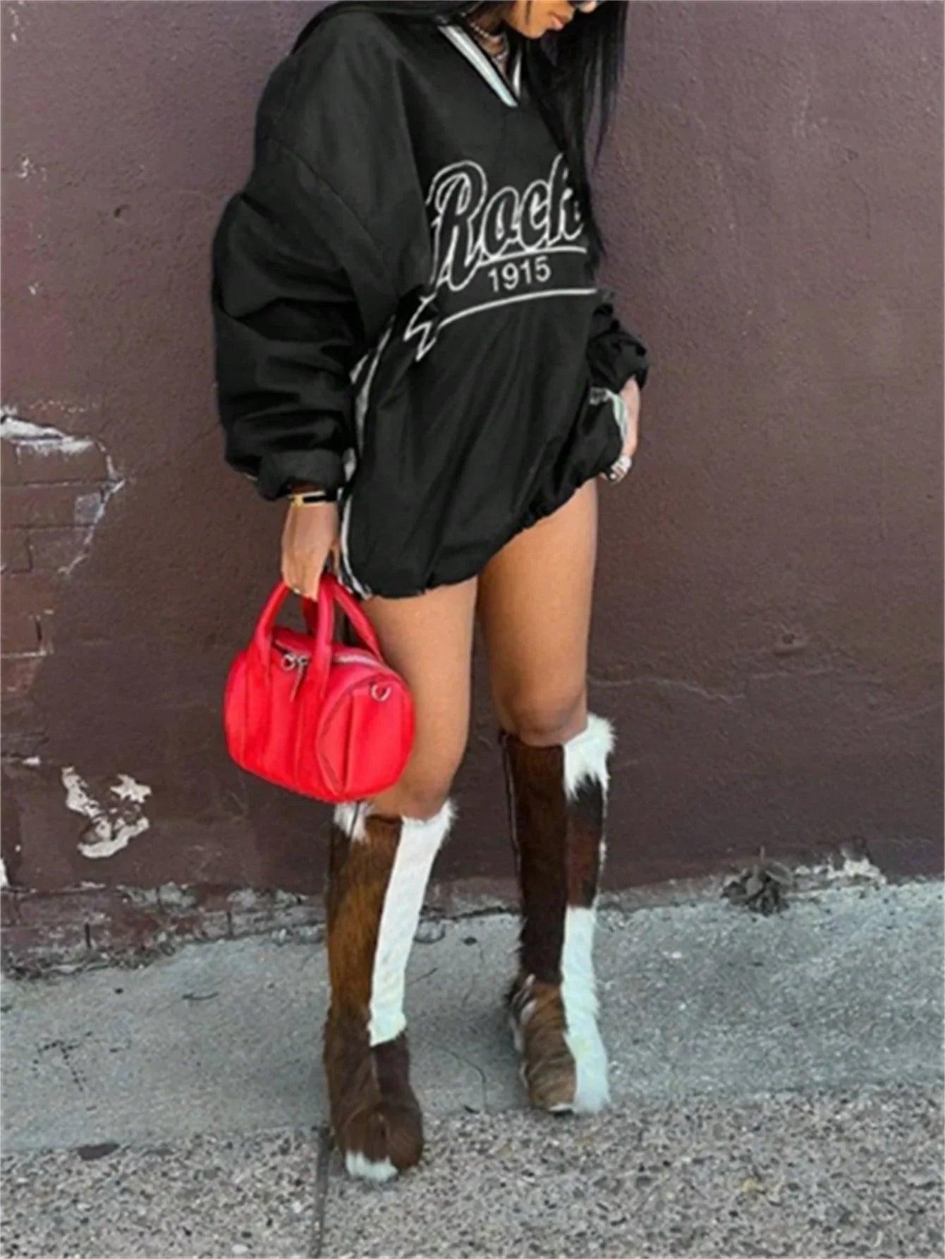 Women's Letter Print Color Block Loose Sweatshirt