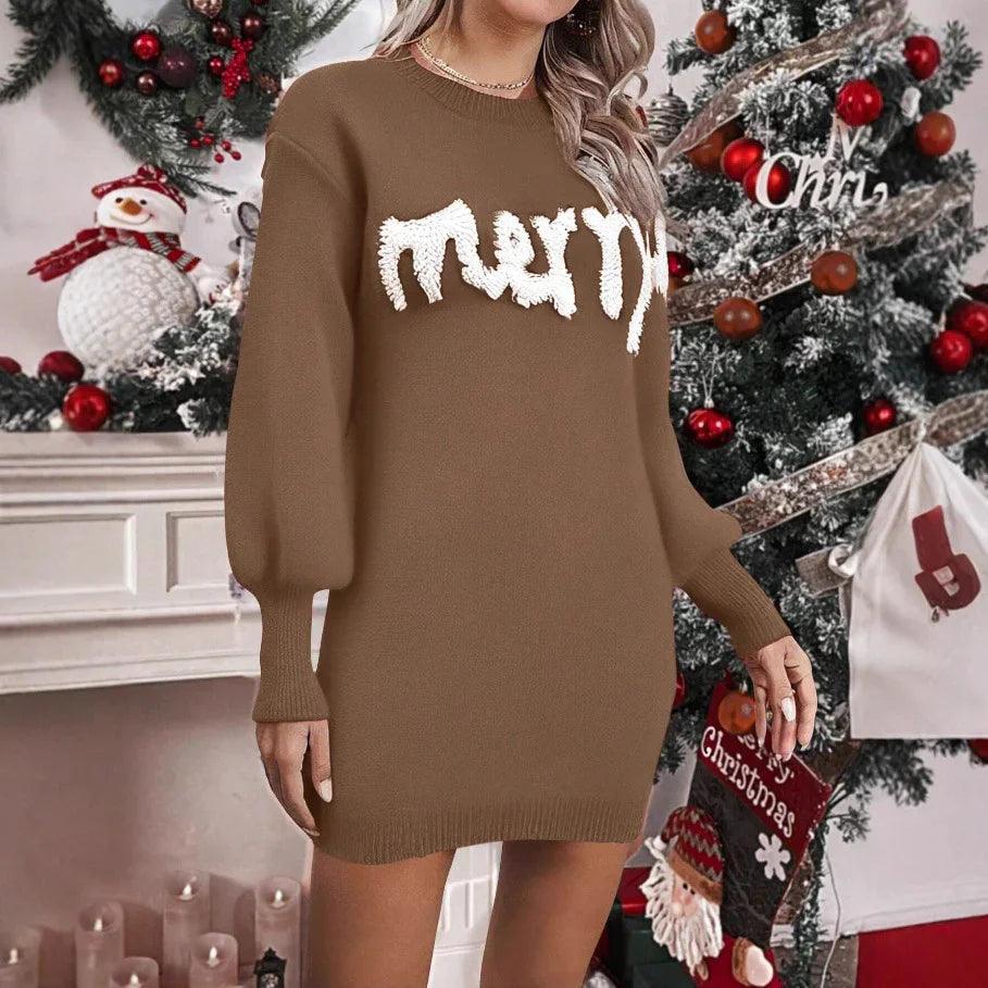 Women's Knitted Round Neck Lantern Sleeve Pullover Sheath Christmas sweater Dress