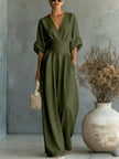 Women's Wide-Leg Jumpsuit High Waist Pleated Three-Quarter Sleeve Elegant Workwear