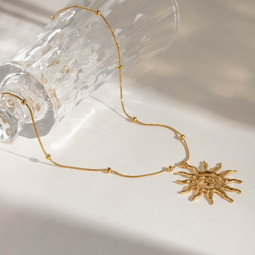Stainless Steel Necklace - Hammered Spiral Sun Pendant Necklace