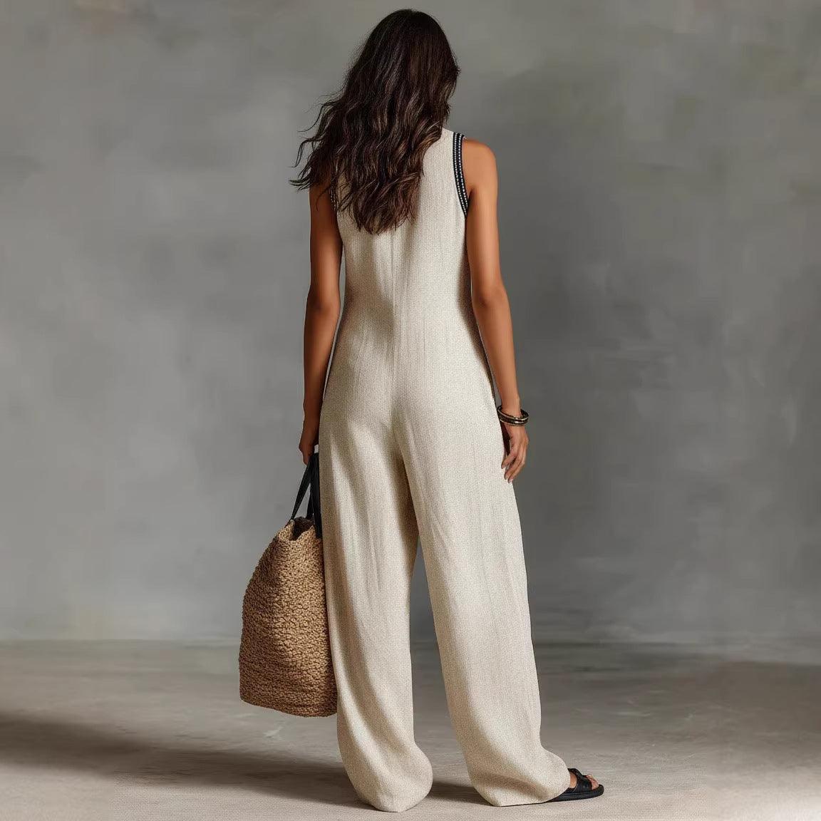Women's Sleeveless Linen-Blend Jumpsuit – Loose Wide-Leg, Full Length