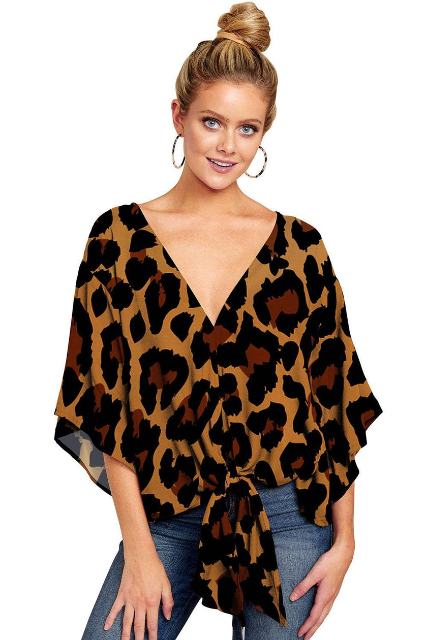 New V Neck Blouse Women Leopard Print Floral Tie Front Blouses Batwing Summer Oversize Ladies Tops