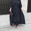 Women’s 3 Piece Abaya Set – Modest Satin Maxi Dress with Belt & Open Kimono Cardigan