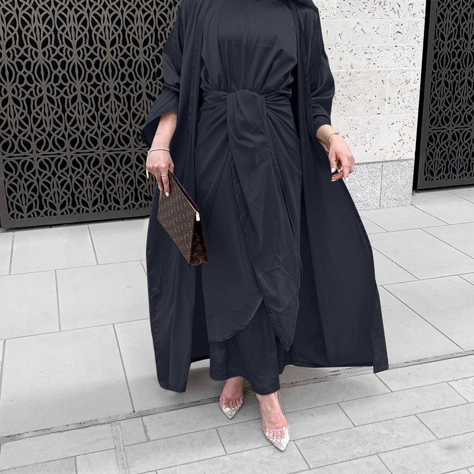 Women’s 3 Piece Abaya Set – Modest Satin Maxi Dress with Belt & Open Kimono Cardigan