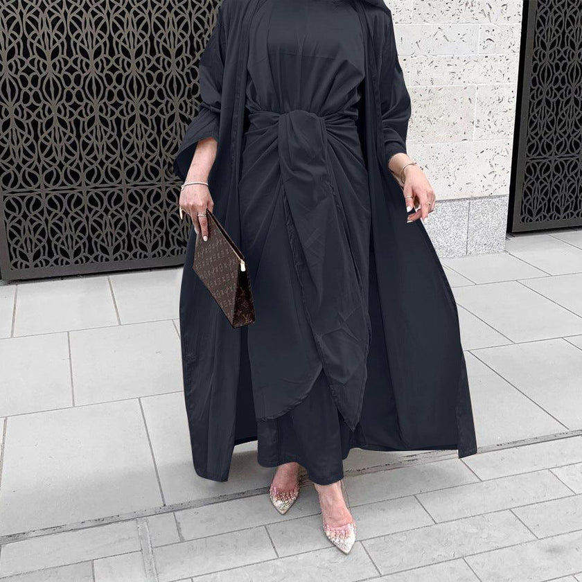 Women’s 3 Piece Abaya Set – Modest Satin Maxi Dress with Belt & Open Kimono Cardigan