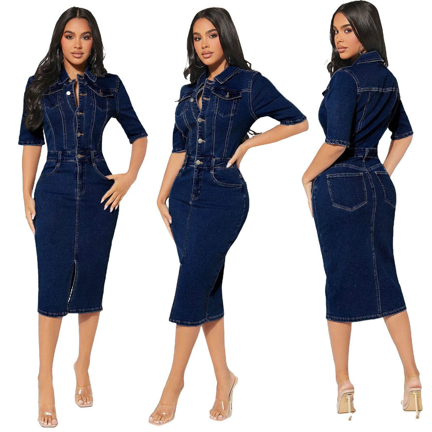 Women's Fashion Personality fitted Denim Hip-wrapped Jeans Midi straight cut front split Dress