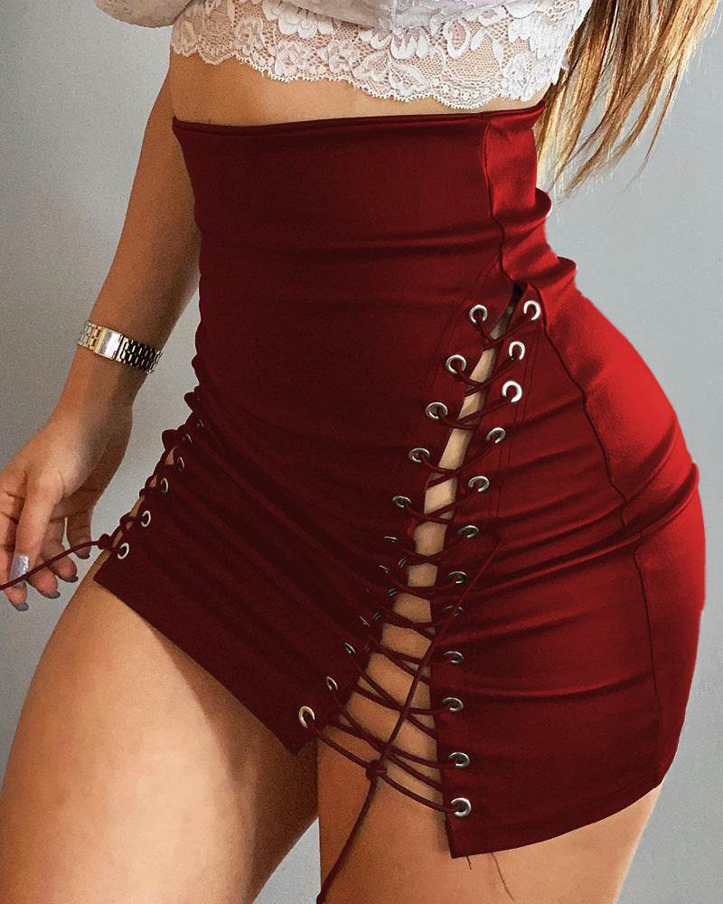 Women's High Waist Side Lace-up Tight Leather Mini Skirt