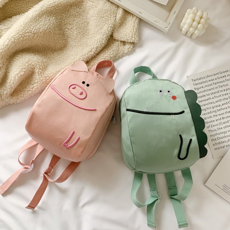 Cartoon Animal Face Kids Nylon Backpack – Cute School Bag for Children (Pink, Green, Yellow, Red)