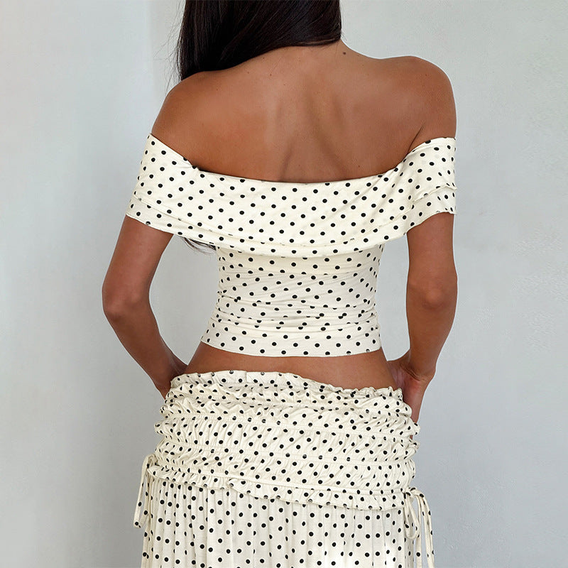 Polka-Dot Off-Shoulder Tube Top & Long Skirt Set with Side Bow | Women's Two-Piece