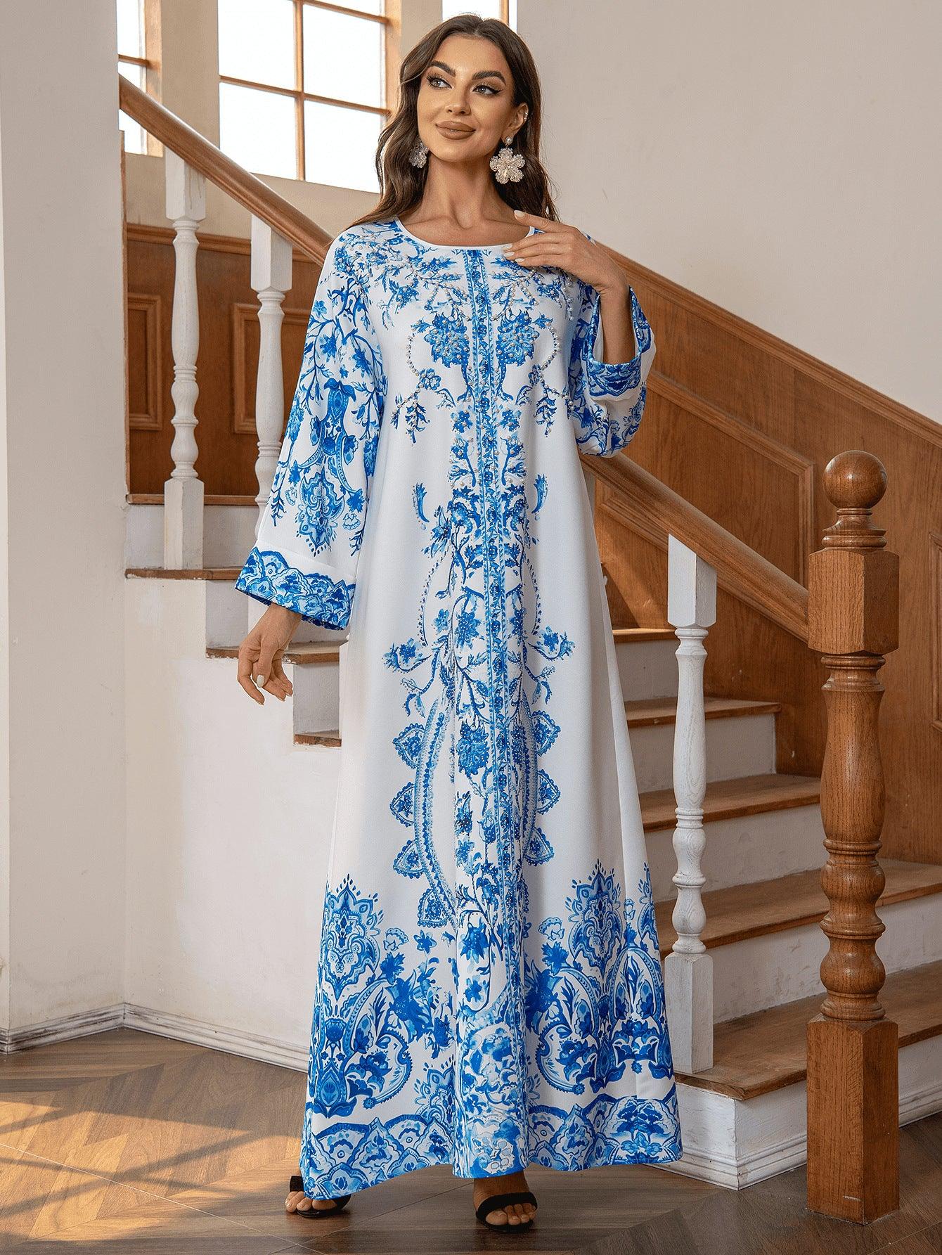 Muslim Robe Diamond Studded Bead Round Neck Dress