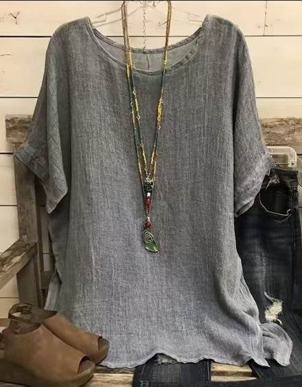 Women's 3/4 Sleeve Linen Blouse – Loose Round Neck Casual Top (S–3XL, 5 Colors)