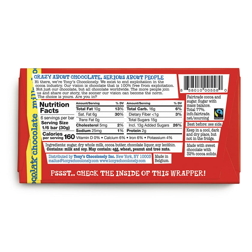 Tony's Chocolonely 32% Milk Chocolate Bar, 180g