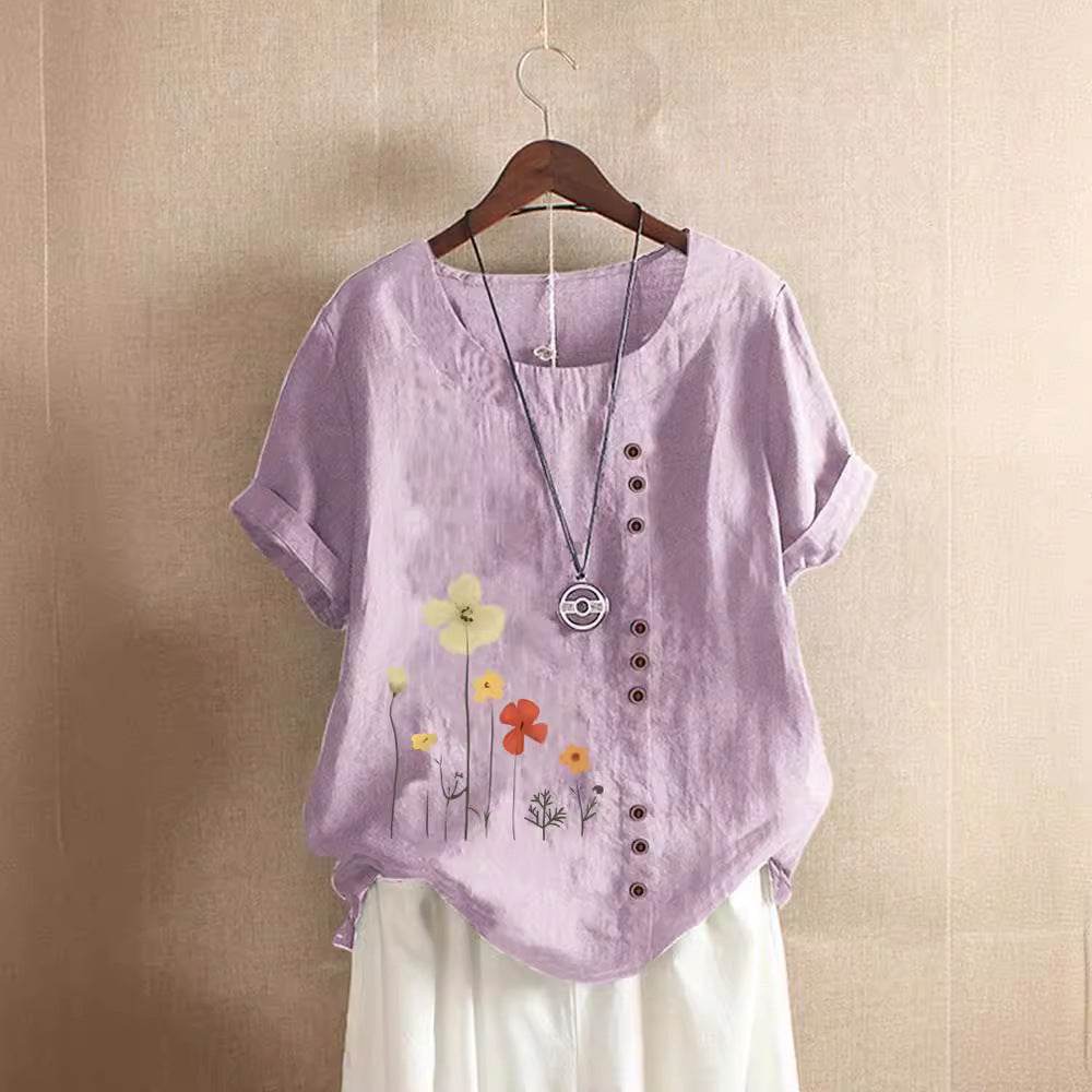 Women's Casual Printed Cotton Linen Short Sleeve Blouse Top
