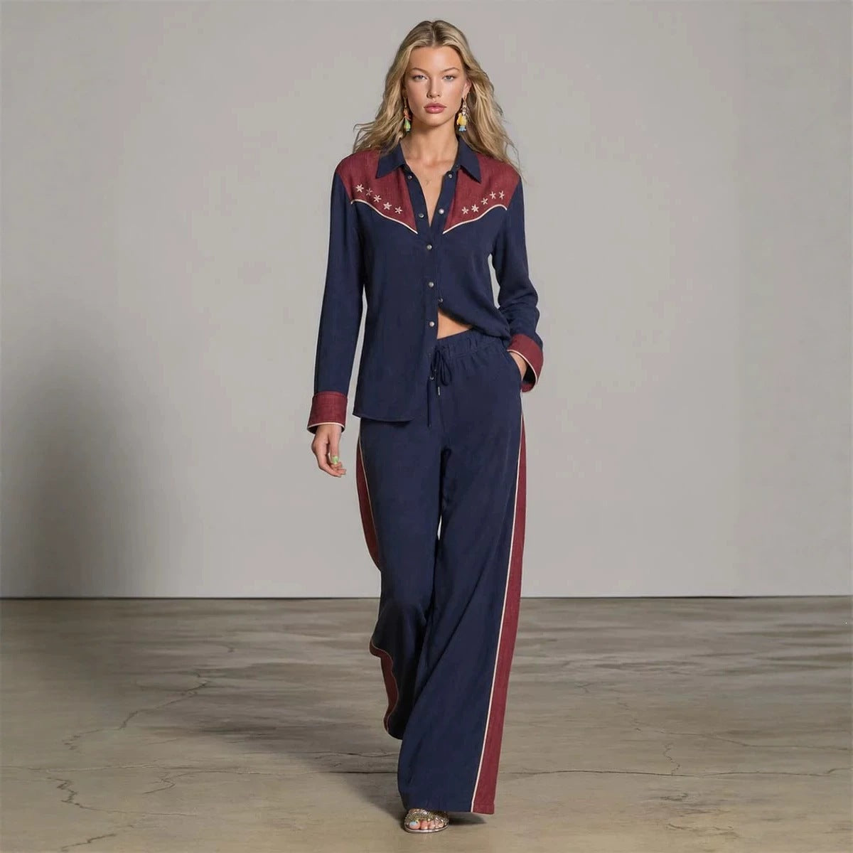 Women's Western Colorblock Lapel Shirt & Wide-Leg Pants Two-Piece Set – Navy Blue | Canada & USA