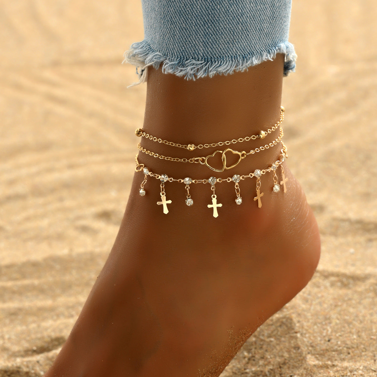 Bohemian Multi-Layer Anklet Set – Cross, Heart & Charm Designs