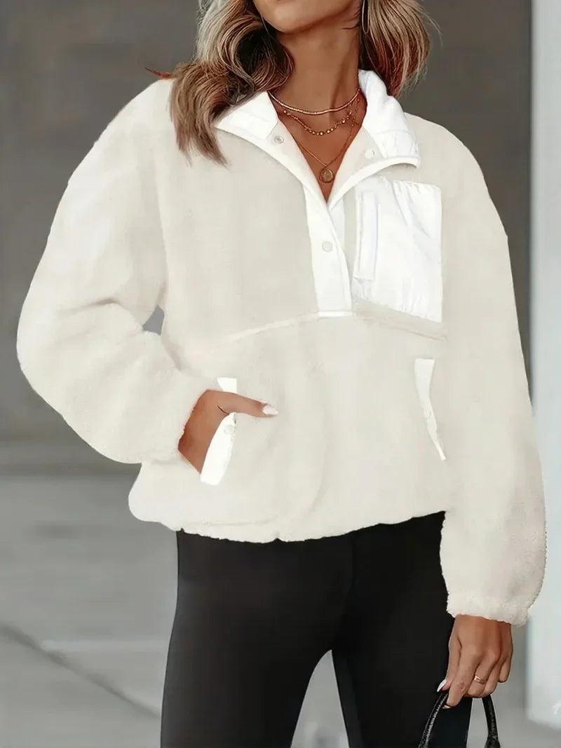 Women's Fashion Sweatshirt Fleece Stand Collar Zipper Pocket Top