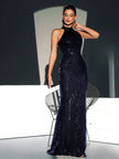 Mesh Sequined Mermaid Sleevless Halter Neck Maxi Dress - Black