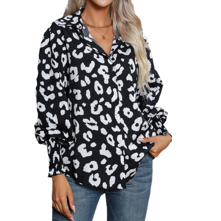 Leopard Print Lantern Sleeve Blouse Shirt top for Women