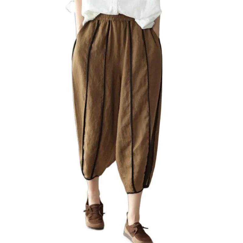 Women's Striped Cotton Linen Harem Bloomer Pants – High Waist Cropped