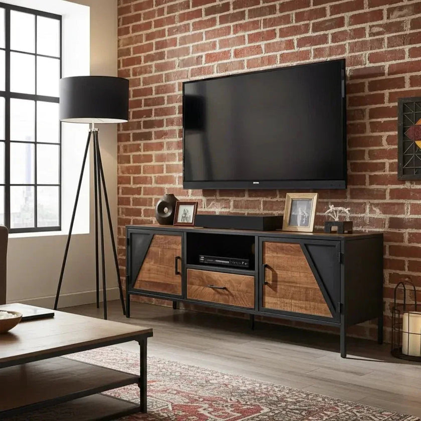 Meuble Télé AZERA Bois de Manguier et acier gris vintage