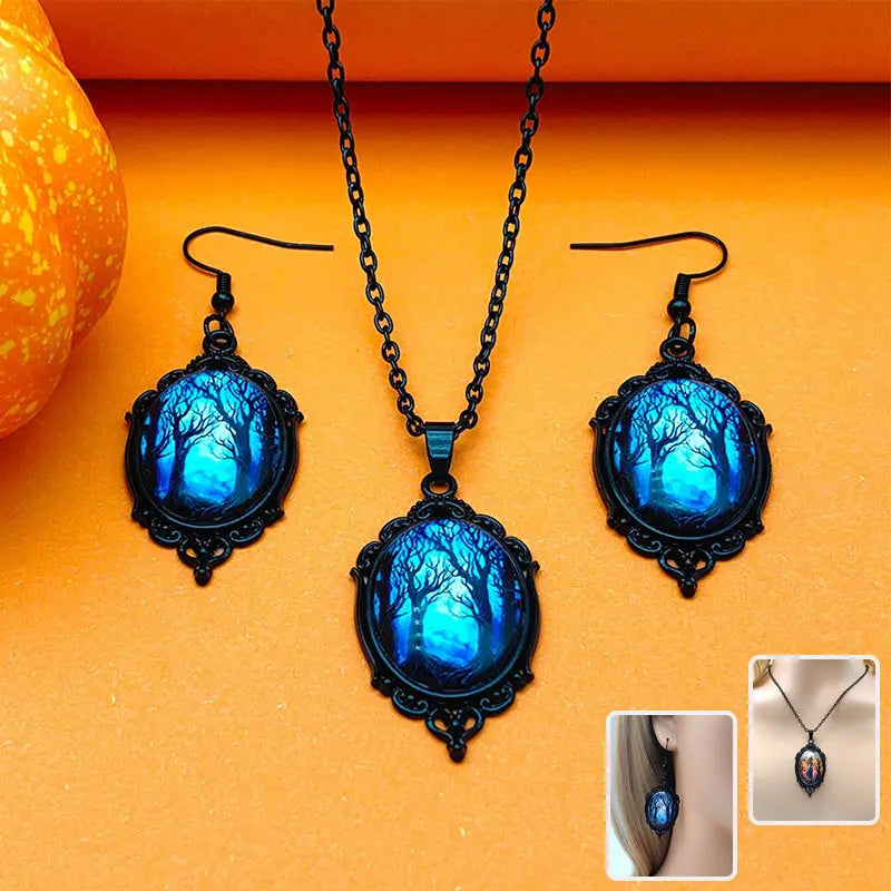 3pcs Vintage Halloween Tree Of Life And Witch Necklace Set With Earrings Alloy Pendant Jewelry