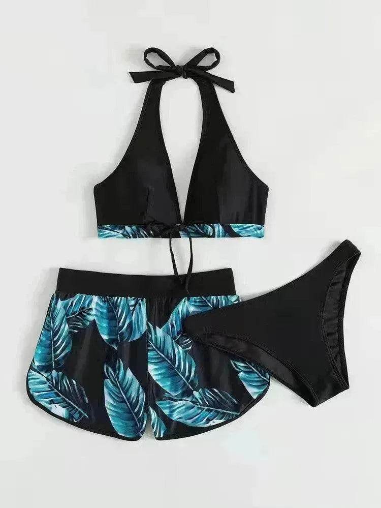 3pcs Leaf Print Bikini With Shorts Fashion Summer Beach Swimsuit Womens Clothing