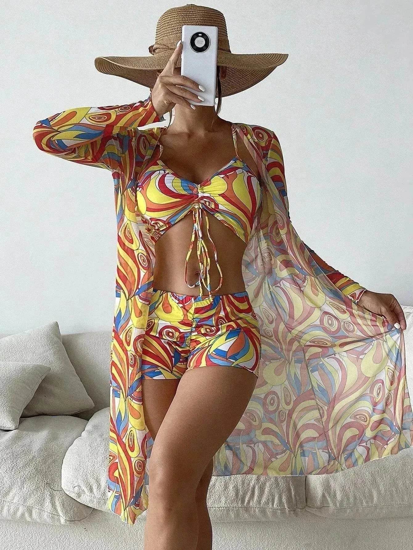 3pcs Pring Bikini With Long Sleeve Cardigan Fashion Summer Beach Swimsuit Women