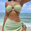 3pcs Solid Color Stripe Swimsuit Charming Summer Beach Bikini Set Womens Clothing
