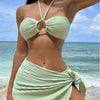 3pcs Solid Color Stripe Swimsuit Charming Summer Beach Bikini Set Womens Clothing