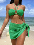 3pcs Solid Color Stripe Swimsuit Charming Summer Beach Bikini Set Womens Clothing
